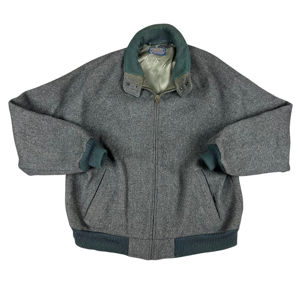 Vintage Pendleton Wool Bomber Jacket Gray Green Trim Full Zip Mens L USA Made